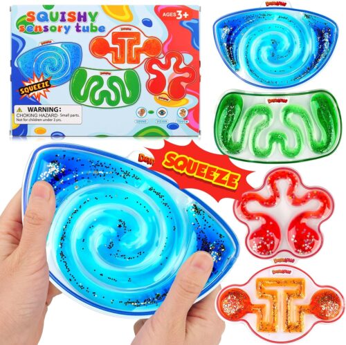 Squishy Sensory Toys for Kids – 4 Pack Fidget Toy Sensory Maze for Autism – Stress Anxiety Relief Toys for Calm Down – Sensory Fidget Toy Filled Goo, Glitter, Easter Prizes for Kids Classroom