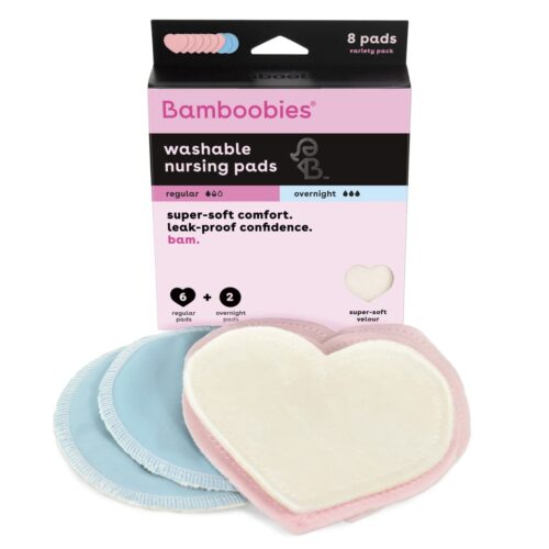 Bamboobies Nursing Pads, Ultra-Soft Velour, Reusable, Washable & Leak-Proof, 6 Regular and 2 Overnight Pads for Breastfeeding