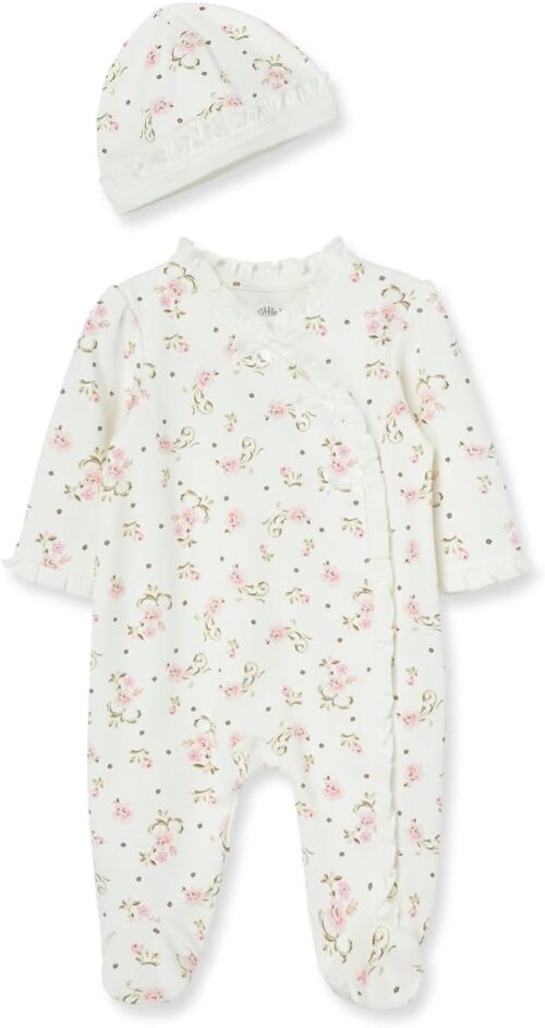 Little Me Clothes for Baby Girls 100% Cotton Scratch-Free Tag Footed One-Piece Romper and Hat Sleeper Set Preemie to 9 Months