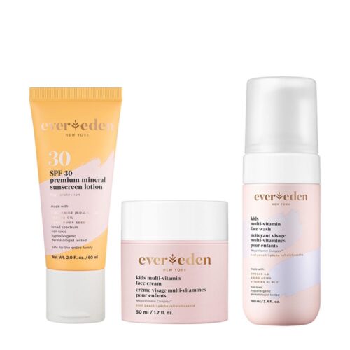 Evereden Daily 1-2-3 Routine Bundle: Clean & Vegan Skin Care Set for Kids – Hydrating & Nourishing Tween Skincare Set with Multi-Vitamin Face Wash, Face Cream, Lotion, & SPF 30 Mineral Sunscreen