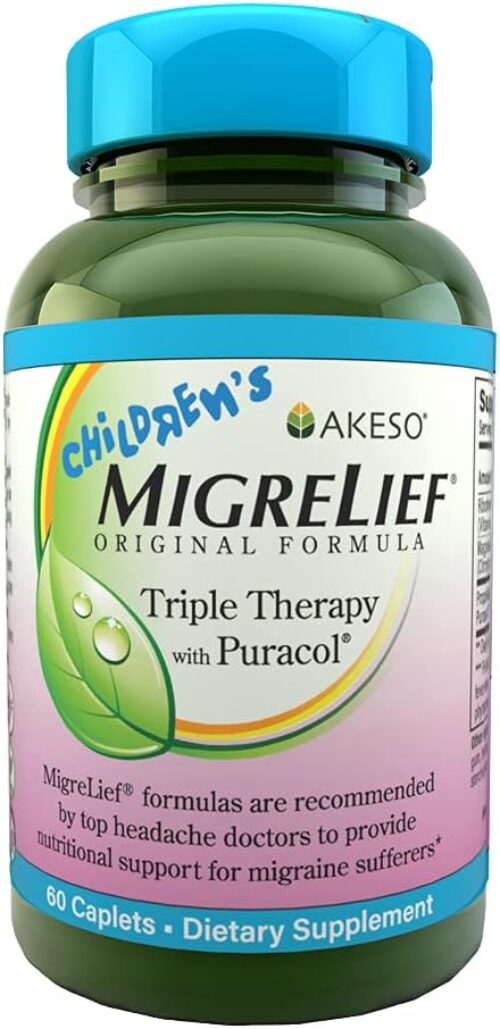 Children’s MigreLief® – Triple Therapy with Puracol™ – Nutritional Support for Pediatric Migraine Sufferers – 60 Caplets/1 Month Supply
