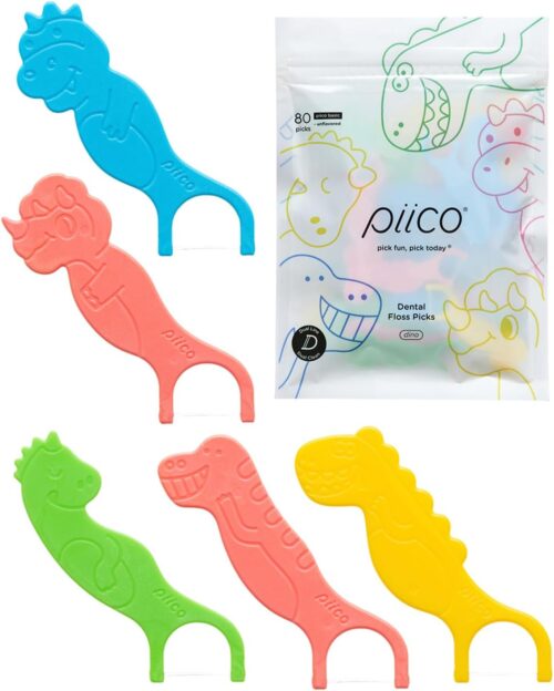 Piico Unflavored Kids Floss – No Fluoride Dual Line Dental Floss Picks – Fun Oral Care in Colorful Floss Sticks Design – Kids Flossers Avoid Tooth Decay & Gum Disease – 80 Count Dino