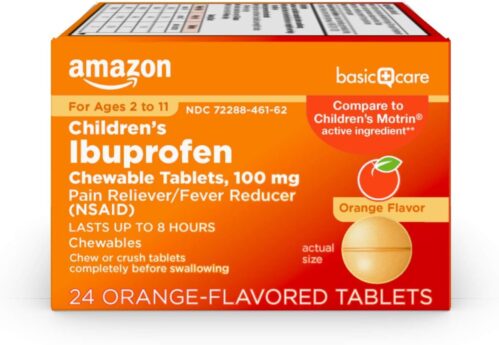 Amazon Basic Care Children’s Ibuprofen Chewable Tablets, 100 mg, Pain Reliever and Fever Reducer, Orange Flavor, For Aches, Pains, Sore Throat, Toothache and Headache Relief, 24 Count