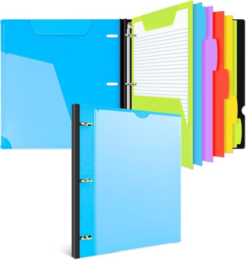 INFUN All-in-one Telescoping Binder Notebook, Refillable 3 Ring Notebook Binder with 1 Plastic Movable Pocket Folder,5 Plastic Subject dividers and Graph Paper and College Ruled Paper – Blue
