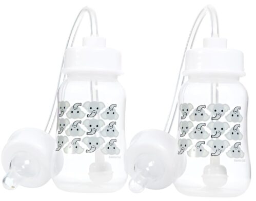 Hands-Free Baby Bottle – Anti-Colic Self Feeding Baby Bottle with Straw Tube System for Easy Feeding 4 oz (2 Pack – Elephant)