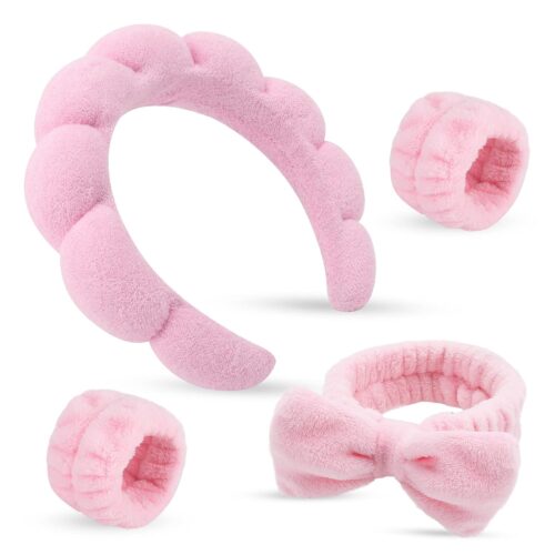 Puffy Spa Headband & Skincare Headbands for Women Makeup,Terry Cloth Towel Head Band for Skin Care,Sponge Make Up Hair Band for Girls,Face Wash Wristband Scrunchies Set 4 Pcs