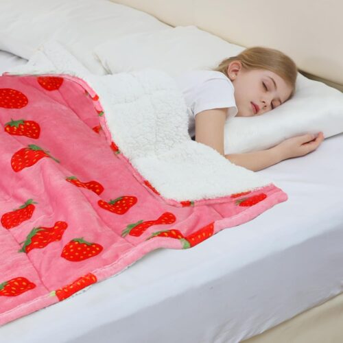 Aemicion Kids Weighted Blanket 7 pounds Twin Size 41″x 60″,Soft Sherpa Fleece Heavy Blanket for Sleeping Perfect for 60-90lbs, Cute Strawberry Pink Weighted Throw Blanket as Gifts for Daughter Girls