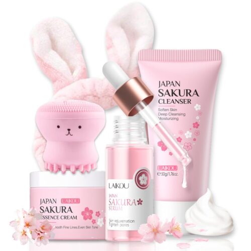 Skincare Set Sakura Teen Girls Gifts Set – Skin Care Set – Skincare for Teens10-12 Hydrating – Travel Size Skincare Kit – Facial Kit for Women with Cleanser,Serum,Cream,Headband,Cleansing Brush（5pcs）