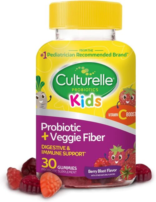Culturelle Daily Probiotic for Kids + Veggie Fiber Gummies (Ages 3+) 30 Count Berry Flavor – Probiotics for Digestive Health & Immune Support Plus Vitamin C Kids Boost