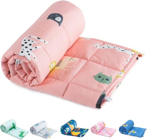 Sivio Weighted Blanket – 100% Cotton Weighted Blanket 5 lbs 36 x 48 inches, Washable Breathable Soft Heavy Blanket for Calm Sleeping for Home and School Nap, Pink Cat