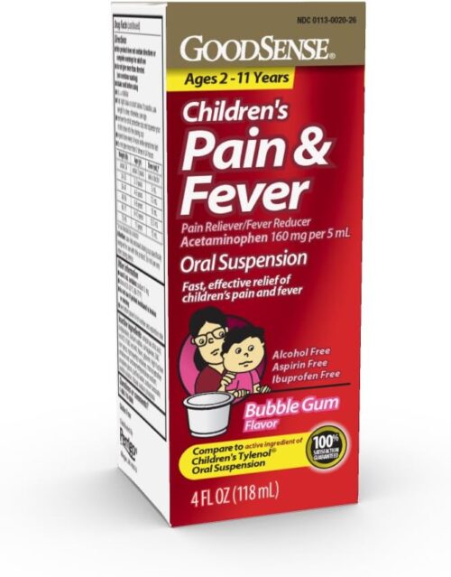 GoodSense Children’s Pain Reliever Oral Suspension Liquid, Bubble Gum Flavor, Acetaminophen 160 mg per 5 mL, Effective, Safe Pain Reliever/Fever Reducer for Children Age 2-11 Years, 4 Ounces