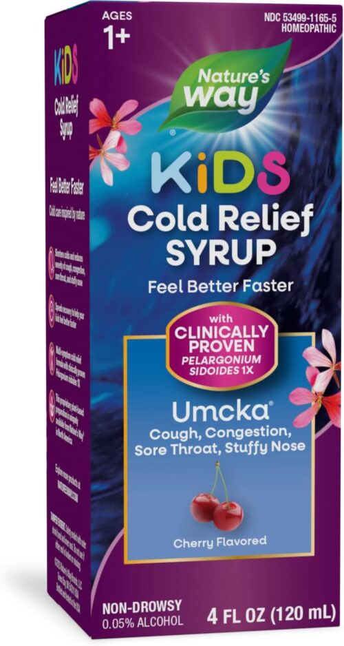 Nature’s Way Cold Relief Syrup for Kids 1+, Umcka, Shortens Duration & Reduces Severity, Multi-Symptom Cold Relief, Homeopathic, Phenylephrine Free, Cherry Flavored, 4 Fl Oz (Packaging May Vary)