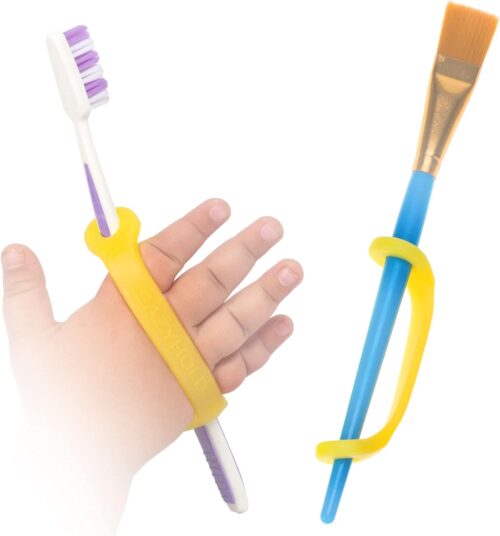 Yellow Silicone Easy Grip Device, Universal Cuff for Hand Therapy, Autism, Limb Loss, Cerebral Palsy, ALS, Special Needs, Pediatric Stroke, Adaptive Handle Daily Mobility Aid 2-Pack 4″