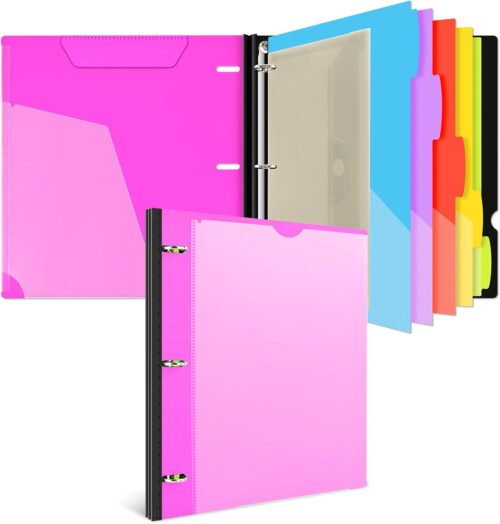 INFUN Telescoping Project Organizer Binder,13 Pocket 1 Inch 3-Ring Binder with Customizable Front Cover, 5 Colors Pocket Divider and Plastic Binder Pocket，225 Sheet Capacity-Pink