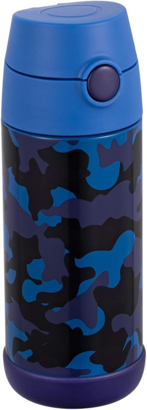 Snug Kids Water Bottle – insulated stainless steel thermos with straw (Girls/Boys) – Blue Camo, 12oz