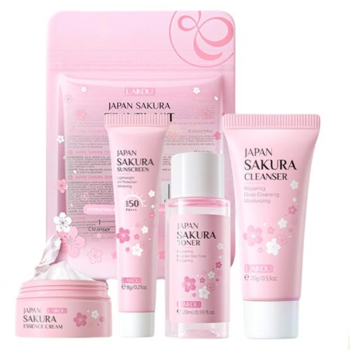 Sakura Travel Skincare Set for Teenage Girls – Face Routine Set for Women,4 Piece Gentle Skin Cleaning & Care Travel Size Kit With Cleanser, Toner, sunscreen and Face Cream
