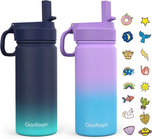 Kids Water Bottle, 2-Pack 16oz Water Bottles with Stickers and Straw, Stainless Steel Vacuum Insulated cup, Kids Water Bottle for School, Gifts for Boys and Girls(Blue/Purple)