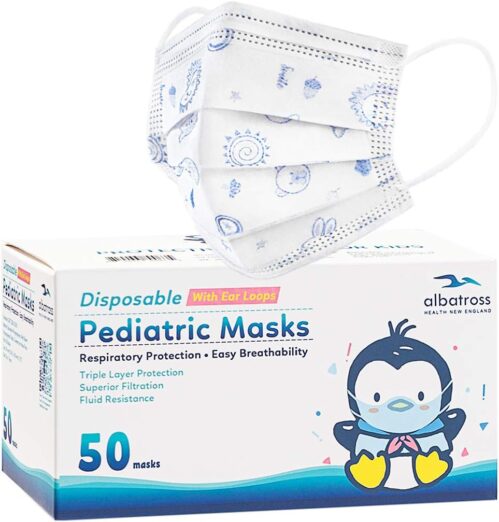 Albatross Health New England 50 Pack Disposable Kids Face Mask. Breathable 3-Ply Anti-Dust/Saliva/Smog For Children Boys and Girls… (Blue)