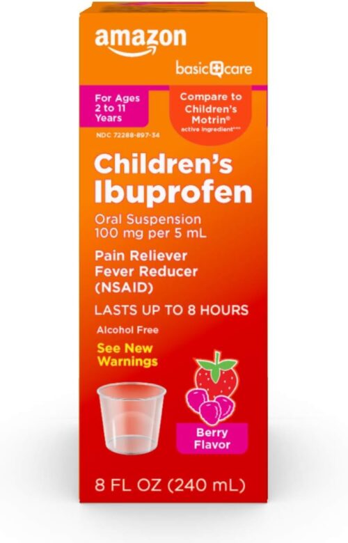 Amazon Basic Care Children’s Ibuprofen Oral Suspension, 100 mg per 5 mL, Pain Reliever and Fever Reducer, Berry Flavor, For Sore Throat, Headache Relief and More, 8 fl oz (Pack of 1)