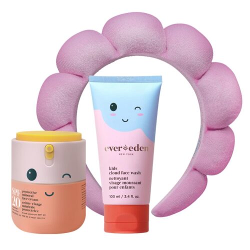 Kids Happy Morning DUO with Spa headband for Girls: Clean & Vegan Skin Care for Kids Bundle | Kids Skin Care Cloud Face Wash + SPF 20 Mineral Face Cream | Non-Toxic | Easy-to-Use Skincare for Kids
