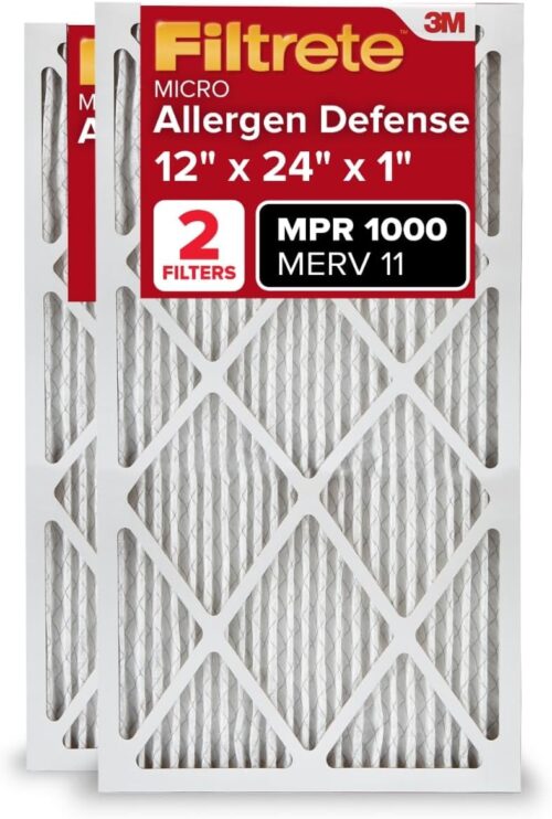 Filtrete 12x24x1 AC Furnace Air Filter, MERV 11, MPR 1000, Micro Allergen Defense, 3-Month Pleated 1-Inch Electrostatic Air Cleaning Filter, Pack of 2 (Actual Size 11.719×23.72×0.85 in)