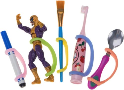 Silicone Adaptive Aid Universal Cuff for Limited Hand Mobility, Cerebral Palsy, Stroke, Pediatric Therapy, Eating Utensil Holder, Self Feeding Silverware (Infant to Child – 5 Pack)