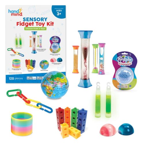 hand2mind Sensory Fidget Toy Kit, Play Therapy Toys, Fidget Tube, Mini Glow Sticks, Play Foam, Stress Ball, Anxiety Sensory Items, Occupational Therapy Toys, Calm Down Corner Supplies (128 Pieces)