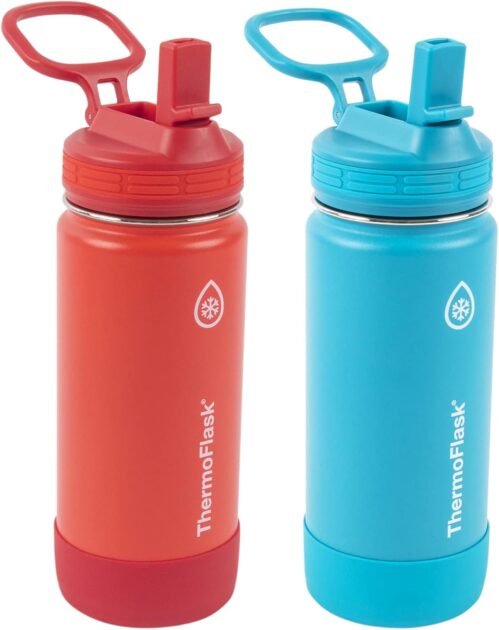 ThermoFlask Kids Bottle with Straw Lid – Durable & Dishwasher-Safe Water Bottles & Lids – Leak-Proof Bottle Lid Design – Reusable Water Bottles for Everyday Use – 16 oz, Red/Blue (2 Pack)