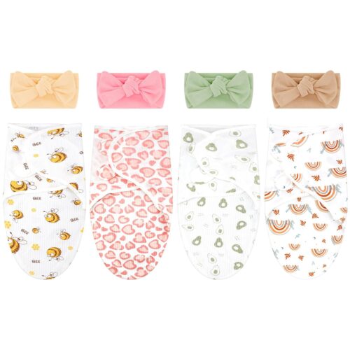 4 Pack Newborn Preemie Swaddle with Headband Set Premature Swaddle Blanket Baby Clothes for Nicu Newborn Boys Girls(Preemie,Bow Style)