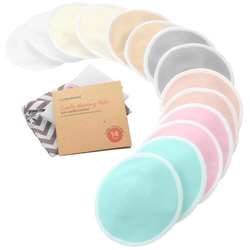 Organic Nursing Pads – 14 Washable Viscose Derived from Bamboo Breastfeeding Pads, Wash Bag, Reusable Breast Pads for Breastfeeding, Nipple Pads for Breastfeeding Essentials(Pastel Touch, L 4.8″)