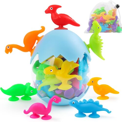 Baby Suction Cups, 16PCS Silicone Dinosaur Sucker Toys with Eggshell Storage, Sensory Bath Toys for Kids Ages 4-8, Counting Learning Color Tool, Window Toy, Easter Egg Gifts for Boys Girls Ages 3+
