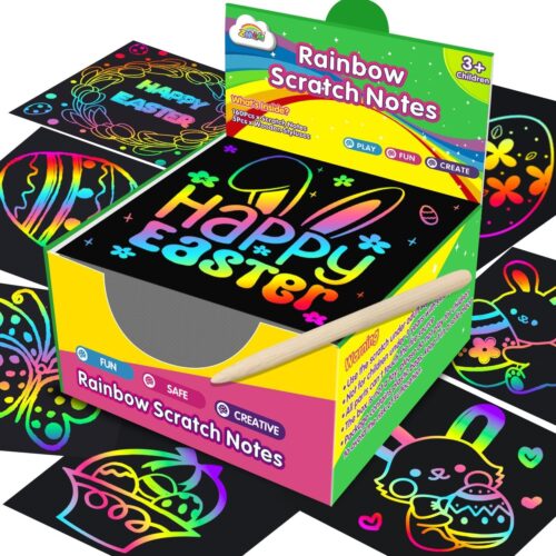 ZMLM Rainbow Scratch Paper Art Mini Notes – Easter Basket Stuffers for Kids, Teens Gifts Ages 4-8 Bulk Craft Supplies for Girls Boys Birthday Classroom Party Games Toy Stocking Stuffers