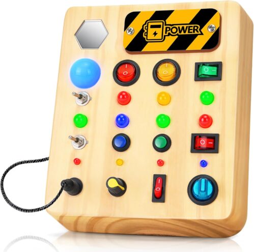 Busy Board Montessori Toys for Toddler, Wooden Sensory Board Switch Toy with Shape Sorter LED Light Up Toys Educational Plane Travel Activity for Girls & Boys