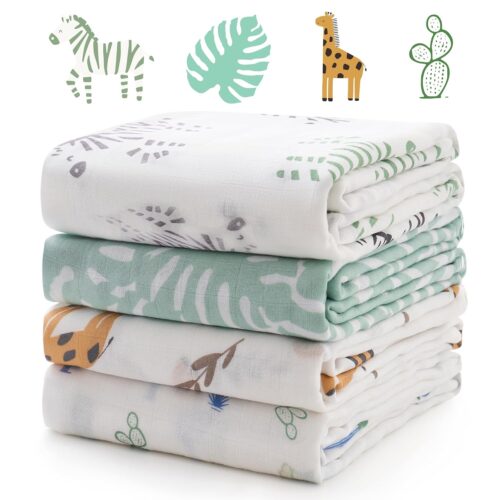 Momcozy Muslin Best Wishes Swaddle Blankets, Ultra Soft Neutral Registry Essentials, Jungle Trails & Wild Pals, Breathable Large 47” x 47” Newborn Boys Girls Receiving Blanket