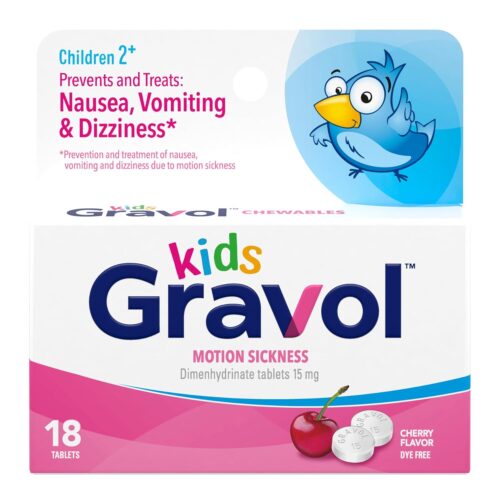 Gravol Kids Chewable Tablets for Upset Stomach and Nausea, Motion Sickness Relief and Nausea Prevention, for Ages 2 to 12 Dye Free, Cherry Flavor, 18ct