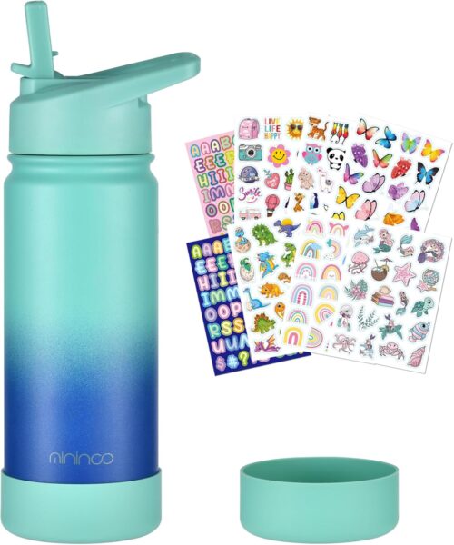 mininoo Kids Water Bottle for School, 16oz Stainless Steel Insulated Water Bottle Kids with Straw Lid for Girls, Boys (Sky/Blue)