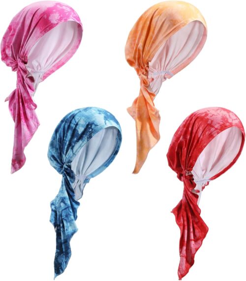 4 Pieces Chemo Headwear for Women Pre Tied Caps Soft Cotton Elastic Head Scarf for Patients
