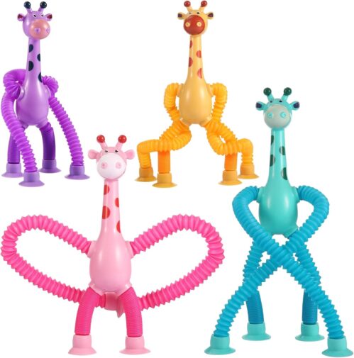 4 Pcs Telescopic Suction Cup Giraffe Toy, Sensory Tube Toddler Travel Toys, Connectable and Extendable Stress Relief ADHD Autism Fidget for Kids, Easter Basket Stuffers for Gifts