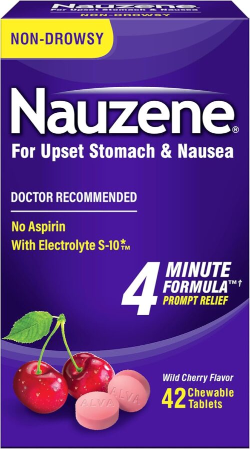 Nauzene Non-drowsy Upset Stomach & Nausea Relief Chewable Tablets – Fast-Acting Relief in 4 Minutes – Doctor Recommended – Wild Cherry Flavor, 42 ct
