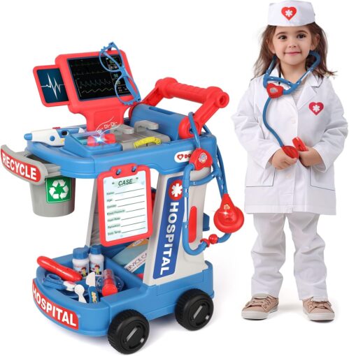 Liberry Doctor Kit for Kids Aged 3 4 5, Pretend Doctor Playset for Toddlers with Cart, Costume and Stethoscope, Role Play Medical Toy for Girls Boys