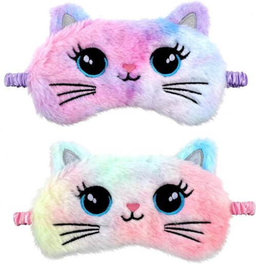 2 Pcs Plush Eye Mask Soft Sleeping Blindfold Eye Cover Comfortable Cute Animal Sleeping Mask Satin Nap Night Eyeshade Cover for Women Men Gift (Colorful, Cat Style)