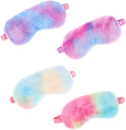 WLLHYF 4 Pcs Plush Sleeping Eye Cover Furry Sleep Masks Soft Comfortable Blindfold Rainbow Elastic Faux Fur Eye Shade for Adults Kids Travel Nap Sleeping