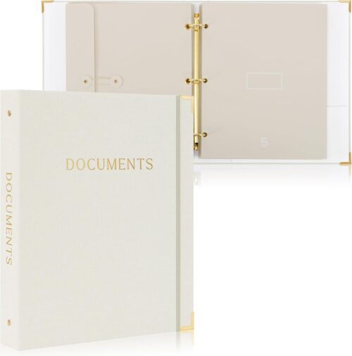 Aesthetic Document Organizer – Sturdy Linen 3-Ring Binder Safely Stores All Your Important Documents and Files in One Place – Easy to Use Expanding Storage Folder Incl. Envelopes, Pockets & Labels
