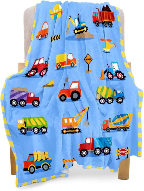 BOOPBEEP Construction Toddler Blanket for Boys Girls Lightweight Baby Kids Blanket Cute Soft Small Truck Car Blankets Comfy Fleece Flannel Plush Blue Throw Blankets Gifts 40×50