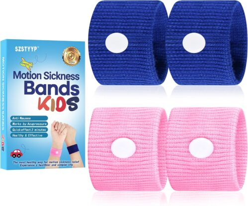 Motion Sickness Bands for Kids, Travel Sickness Relief Wristbands, Anti-Nausea Wristbands for Car Sickness(Pink and Blue)