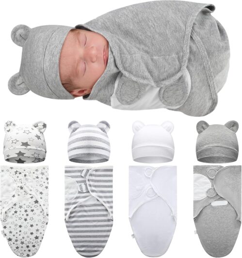 Buryeah 4 Pack Preemie Swaddle Blanket Wrap Set with Hat for Baby Boys Girls 3-7 Lbs Preemie Newborn Clothes Sleepers Cap