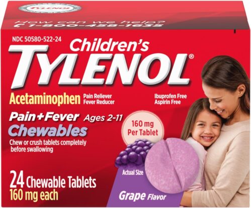 Tylenol Children’s Chewables with 160 mg Acetaminophen, Pain Reliever & Fever Reducer for Kids’ Cold + Flu Symptoms, Headache, Sore Throat & Toothache, Aspirin-Free, Grape Flavor, 24 ct