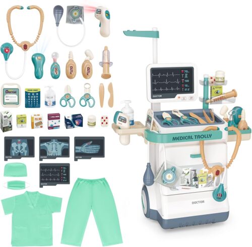 deAO Doctor Kit for Toddlers 3-5, Kids Doctor Playset Toys, Pretend Station Set with Cart, Costume,Stethoscope and Thermometer, Halloween Costume Gift for Boys Girls Role Play (Green)