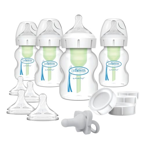 Dr. Brown’s Anti-Colic Wide-Neck Feeding Set with Slow Flow Nipples, Travel Caps & Silicone Pacifier