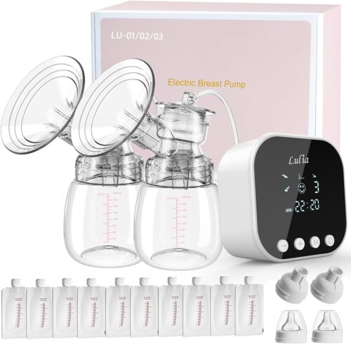 Lulia Double Electric Breast Pump Strong Suction, Portable Breast Pump Electric Breastfeeding Pump, Rechargeable Milk Pump with 4 Modes & 9 Levels, Low Noise, Anti-Backflow & LED Display, 24mm Flange